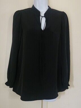 Pleione Black Long-Sleeve Tie-Neck Blouse